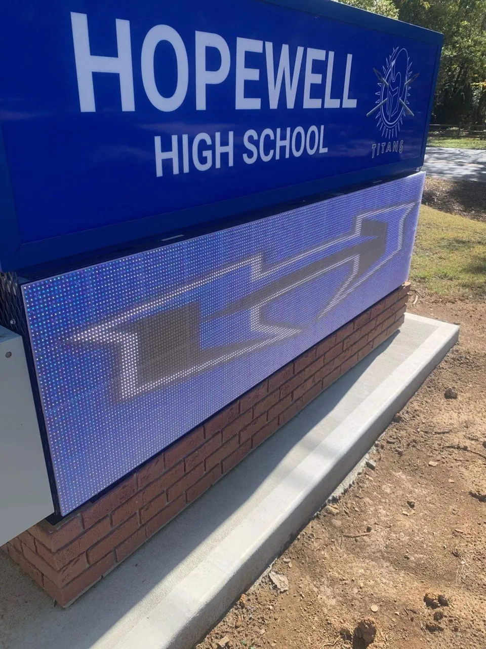 Hopewell High School monument sign with dimensional lettering and an electronic display